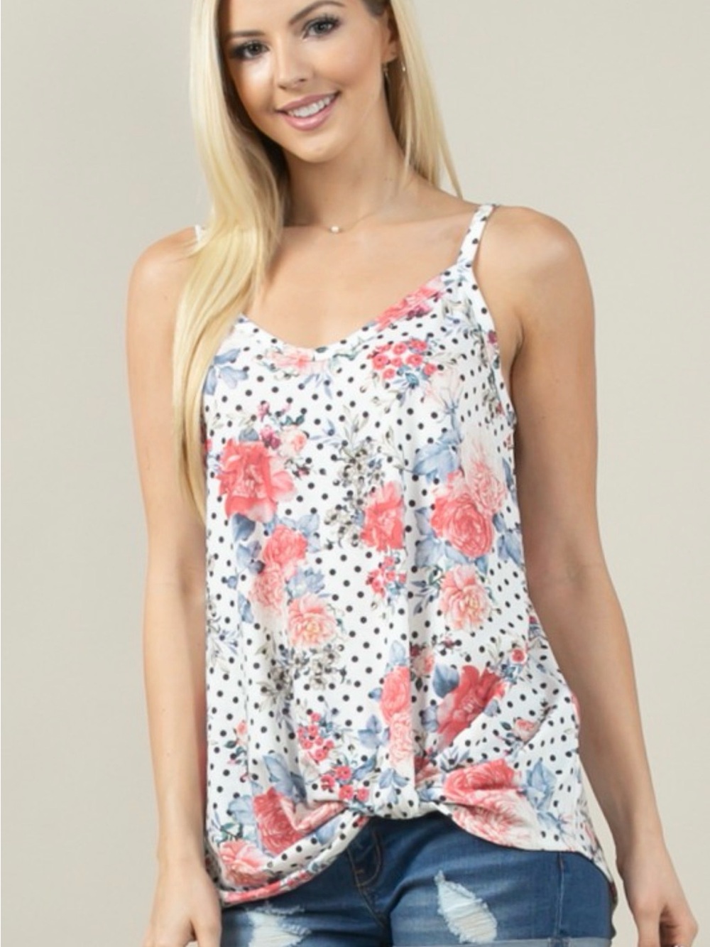 Avery White Floral & Black Polka Dot Twist-Hem Cami